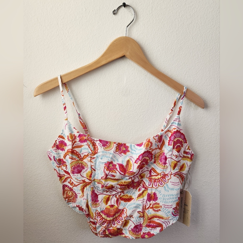 Midnight Sky‎ Linen Blend Crop Top Women's Colorful Floral Corset Style Large